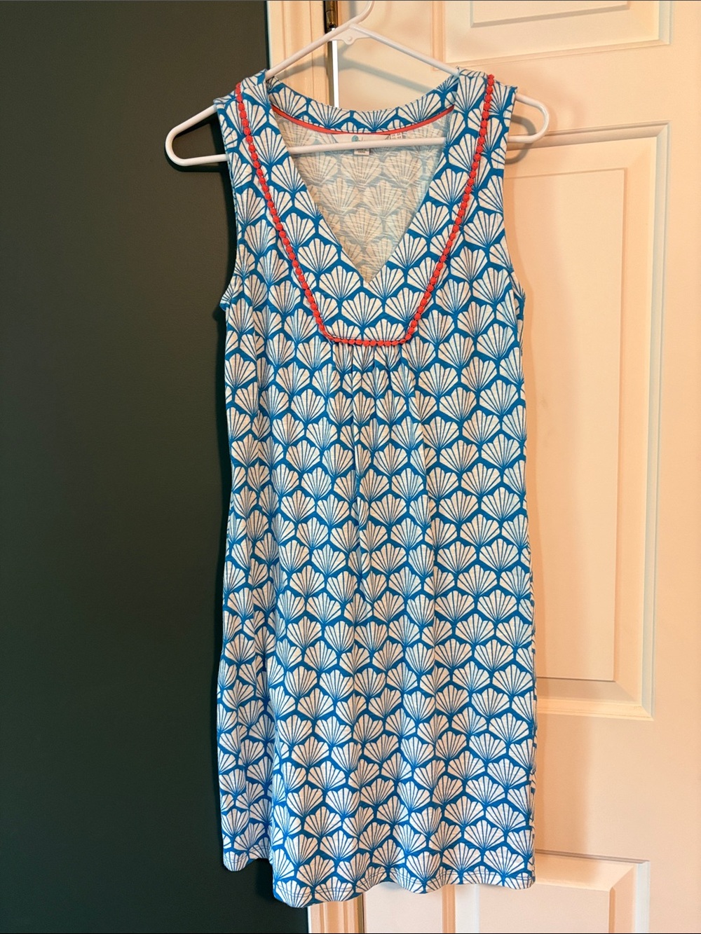 Boden Blue & White Shell-Print Dress with Coral Trim